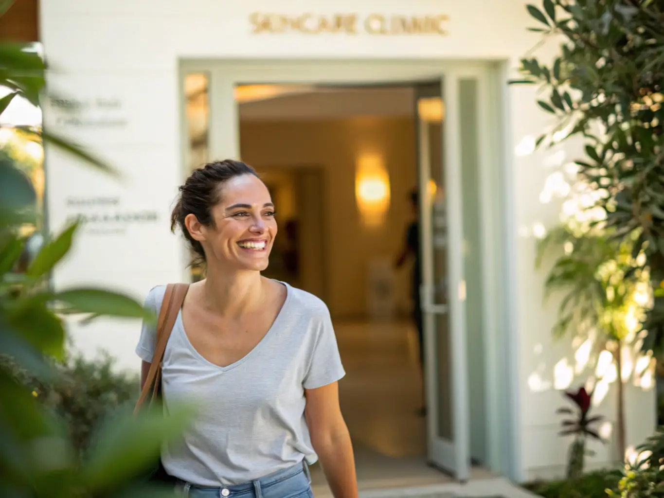 A woman smiling confidently after undergoing PMU removal, highlighting the natural and refreshed look achieved through the service in a bright, welcoming environment.